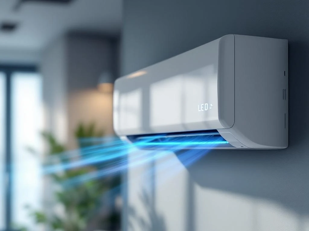 Moderne witte airco aan kantoorwand met zichtbare koude luchtstroom en LED-indicatoren in eigentijdse werkruimte