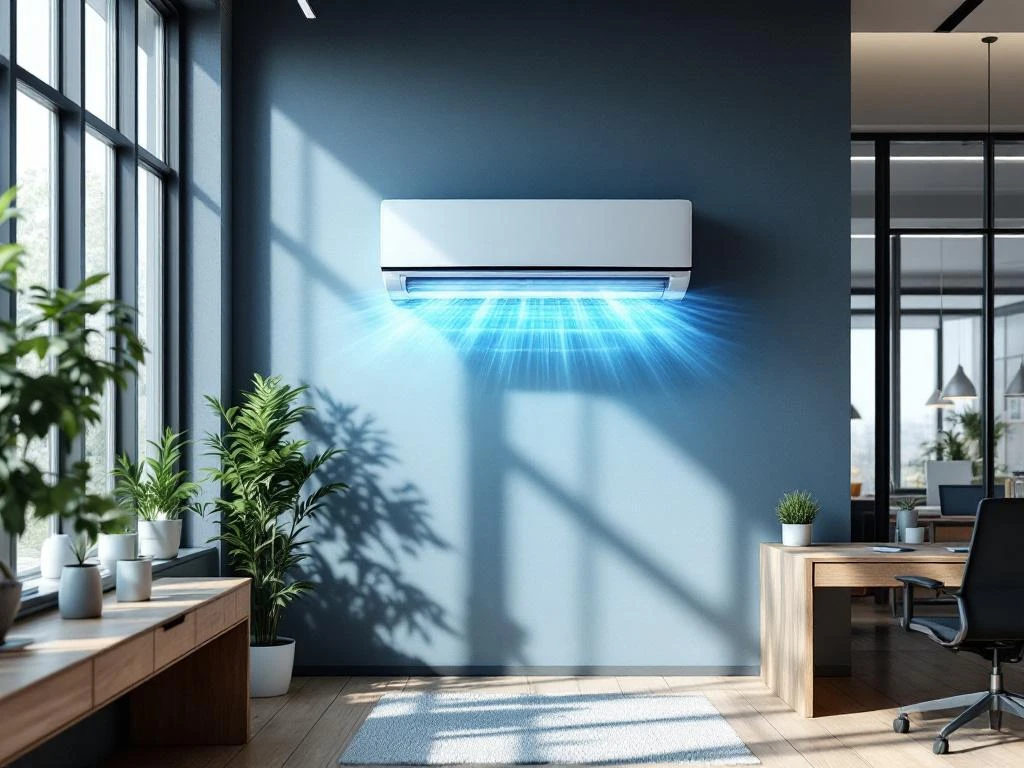 Moderne kantoorruimte met wandgemonteerde airconditioning die koele luchtstromen produceert, ergonomisch meubilair