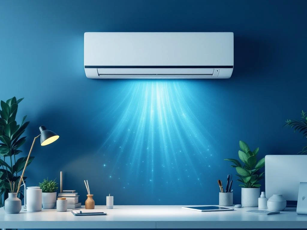 Moderne witte airconditioning aan muur boven bureau in minimalistische kantoorruimte met ergonomische meubels