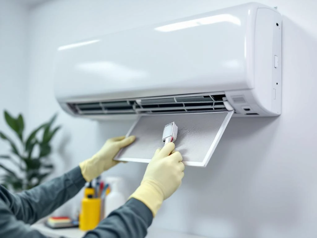 Technicus reinigt stoffig aircofilter van moderne kantoor-airconditioning met borstel en gereedschap op bureau