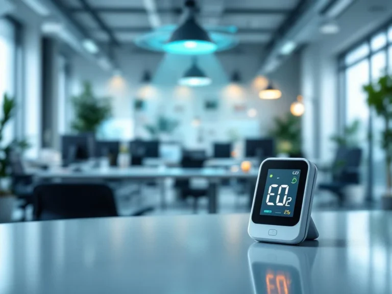 CO2-meter op bureau toont luchtkwaliteitsmetingen in moderne kantooromgeving met natuurlijk licht en ventilatie