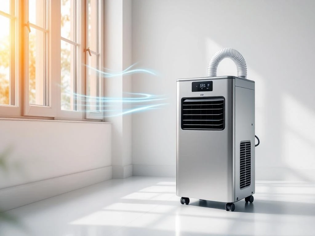 Mobiele airconditioner met zilverkleurige afwerking en afvoerslang in moderne kantoorruimte met grote ramen