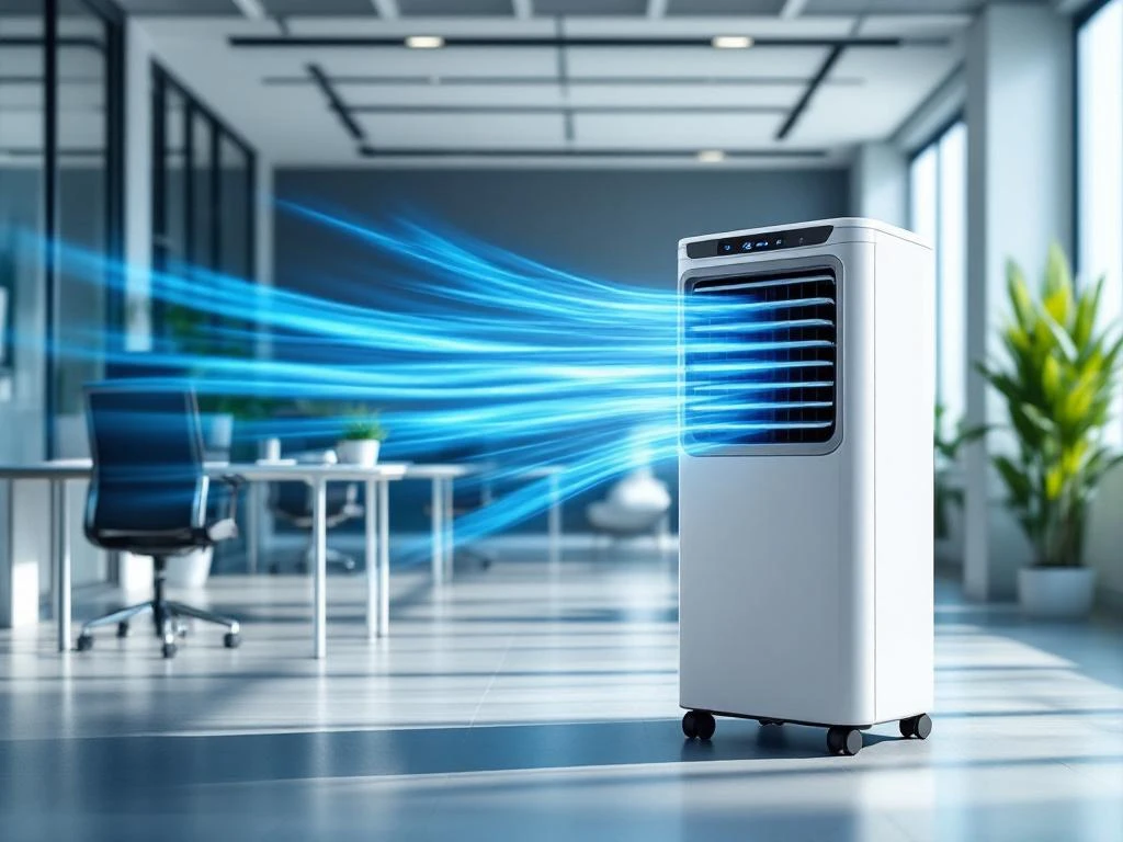 Witte mobiele airconditioning in moderne kantoorruimte met bureau, stoel en natuurlijk licht door grote ramen