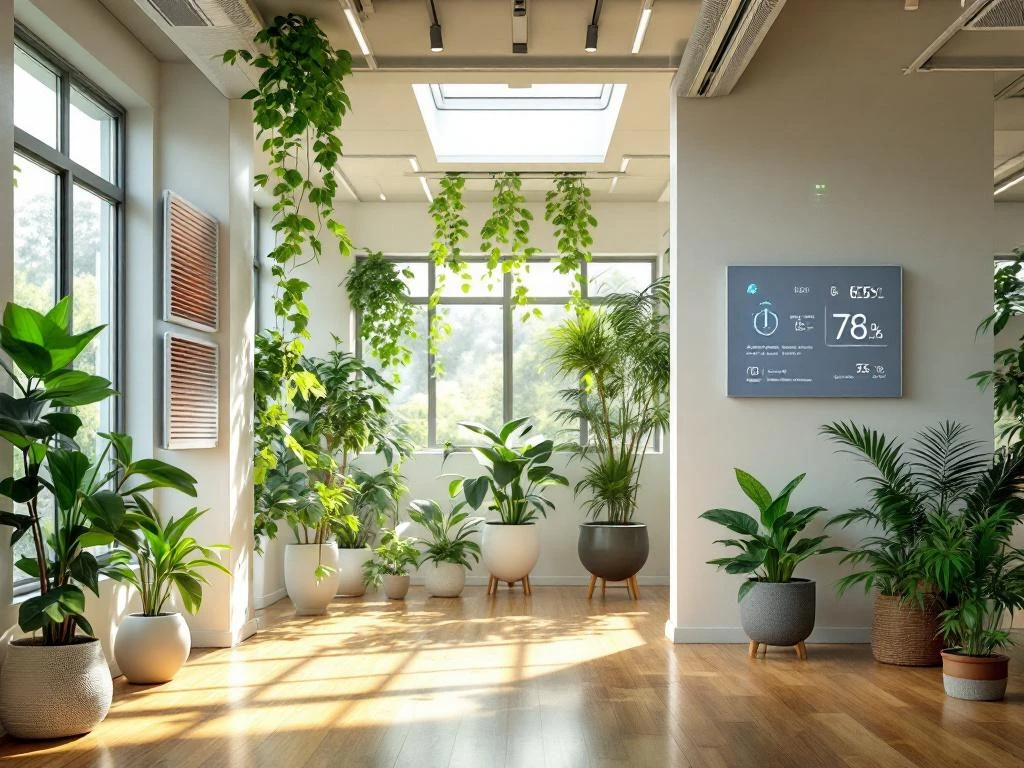 Moderne kantoorruimte met duurzame klimaatoplossingen, groene planten, infraroodpanelen en slimme ventilatiesystemen