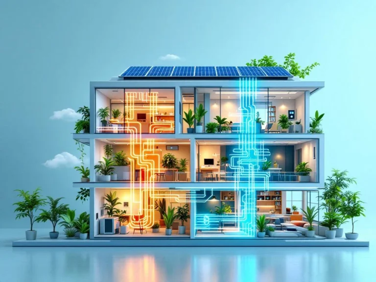 Dwarsdoorsnede modern kantoorgebouw met duurzame klimaatbeheersing, zonnepanelen, slimme thermostaten en groene werkruimtes