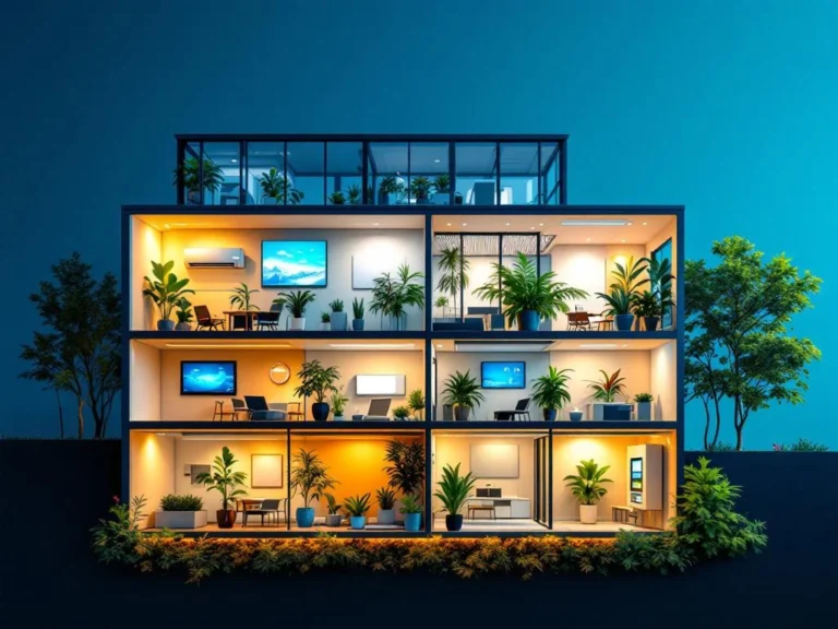 Dwarsdoorsnede modern kantoorgebouw met duurzame klimaattechnologie, groene elementen en energiezuinige verlichting