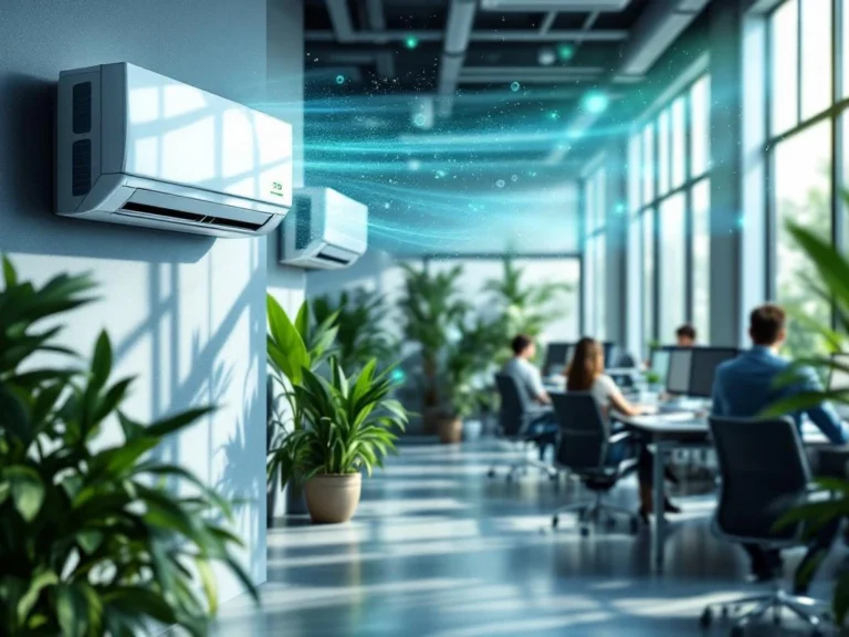 Moderne kantoorruimte met duurzame klimaattechnologie, warmtepompen, slimme ventilatie en werknemers in comfortabele omgeving