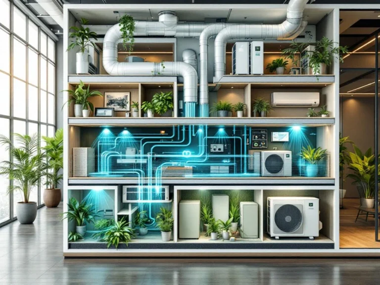 Dwarsdoorsnede modern kantoorgebouw met duurzame HVAC-systemen, groene airco's, ventilatiekanalen en planten