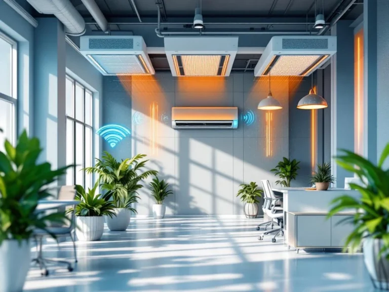 Moderne kantoorruimte met energiezuinige airconditioning, infraroodverwarming en groene planten voor duurzame klimaatbeheersing