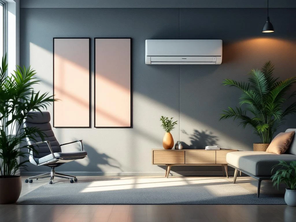 Moderne kantoorruimte met duurzame klimaatbeheersing: infraroodpanelen, energiezuinige airco en groene planten