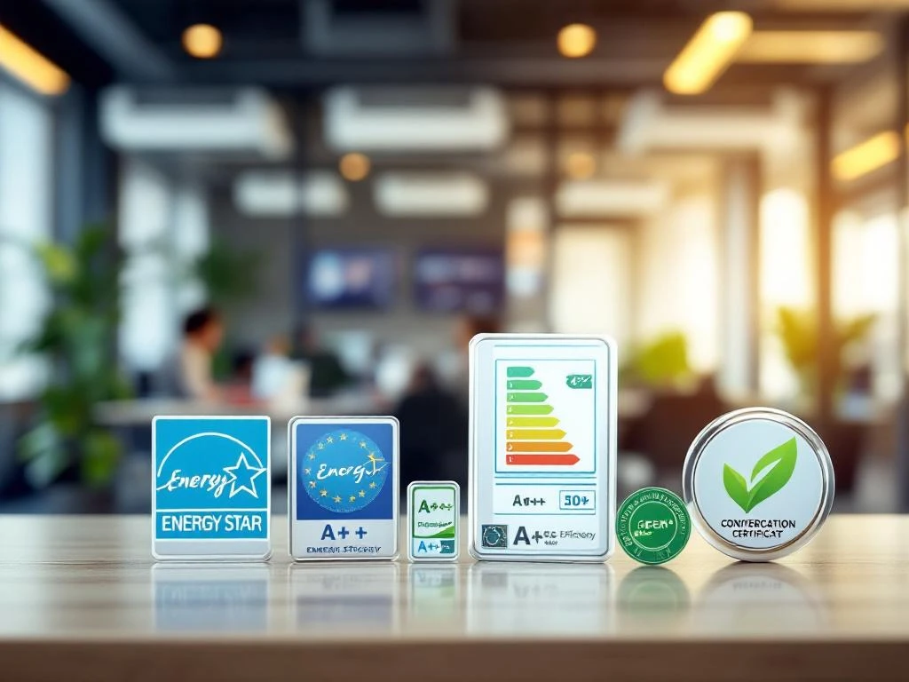 Energiecertificaten en duurzaamheidslabels op bureau met Energy Star en A+++ labels in moderne kantooromgeving