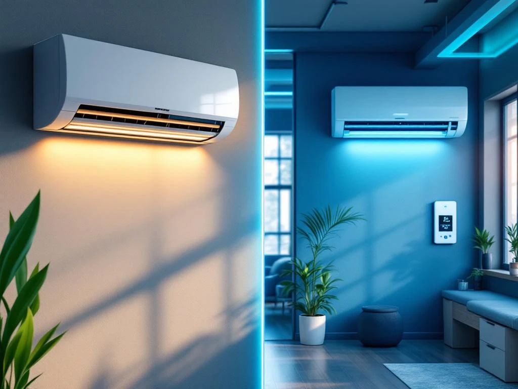 Moderne kantoor met energiezuinige warmtepomp en airco, ergonomisch meubilair en LED-verlichting voor duurzame werkplek