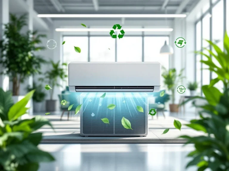 Energiezuinige airconditioner met eco-symbolen in moderne kantooromgeving met planten en natuurlijk licht