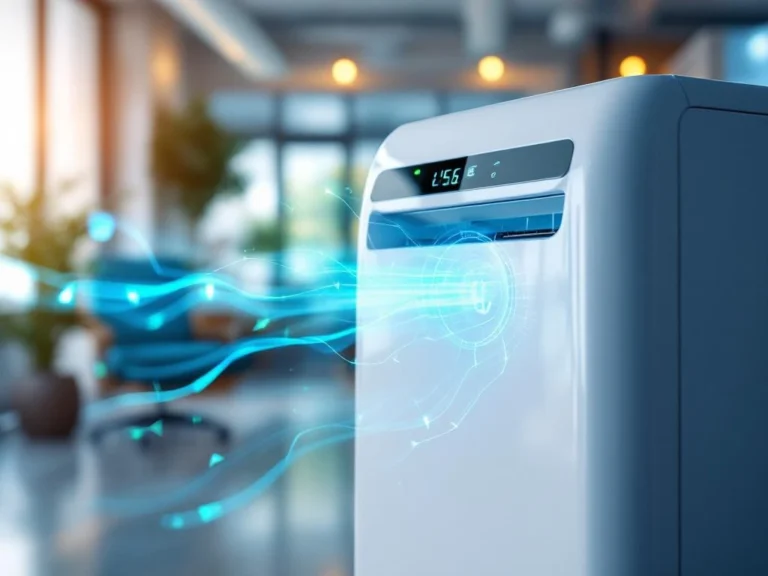 Witte mobiele airco in modern kantoor met energielabel en LED-indicatoren, energiemeter toont laag verbruik
