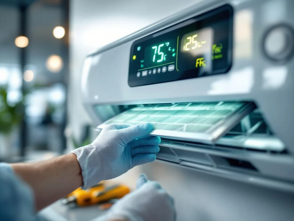 HVAC-technicushandschoenen vervangen luchtfilters in moderne klimaatinstallatie met digitale temperatuurweergave