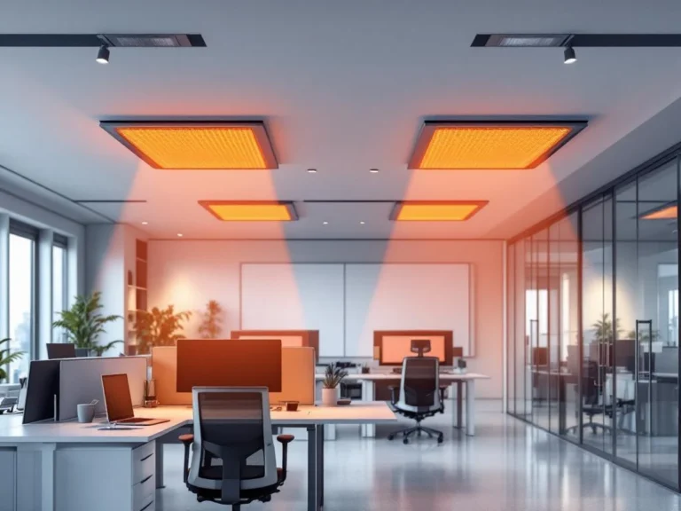 Moderne kantoorruimte met infrarood verwarmingspanelen aan plafond die warme oranje gloed uitstralen boven werkplekken