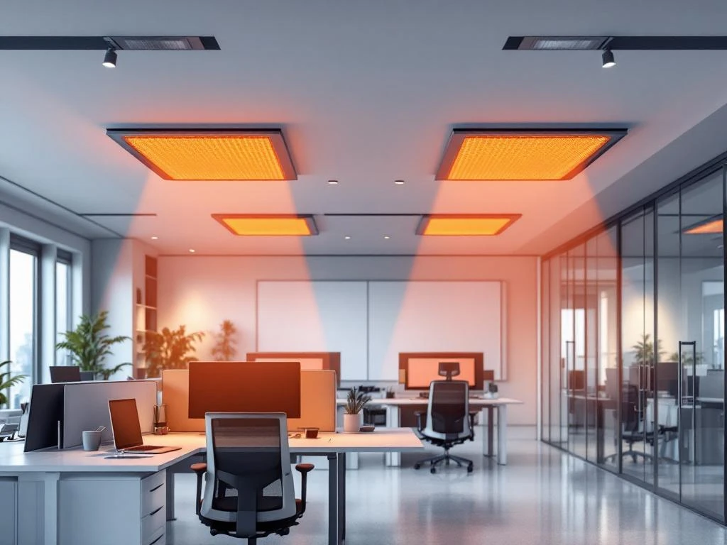 Moderne kantoorruimte met infrarood verwarmingspanelen aan plafond die warme oranje gloed uitstralen boven werkplekken