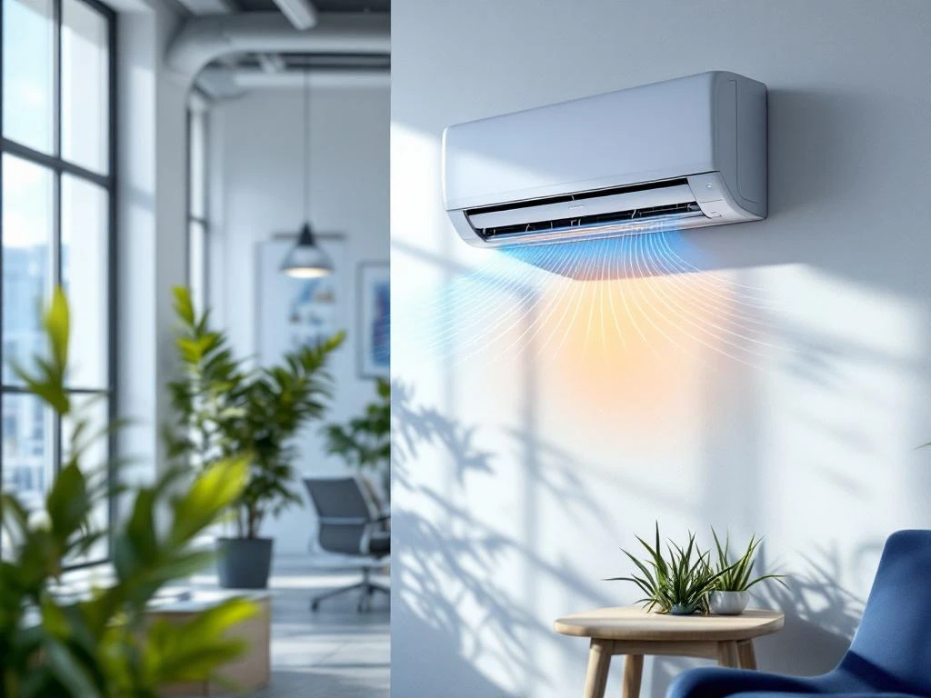 Moderne split-unit airconditioning gemonteerd op witte muur in hedendaags Nederlands kantoor met ergonomisch meubilair