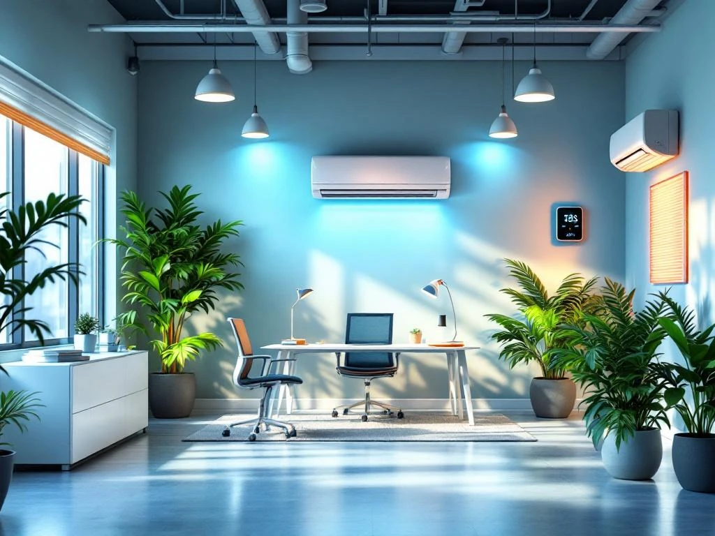 Moderne kantoorinterieur met duurzame klimaattechnologie, slimme thermostaten, LED-verlichting en groene planten
