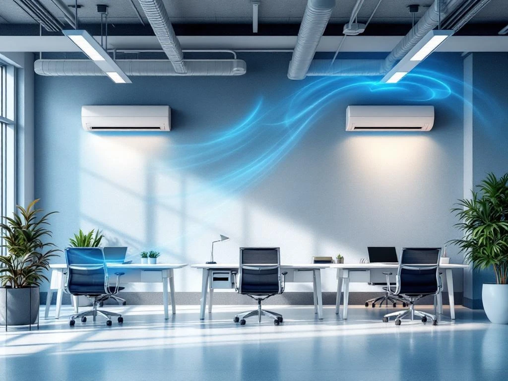 Moderne kantoorinterieur met wandgemonteerde airconditioning en ventilatiesystemen in heldere werkruimte