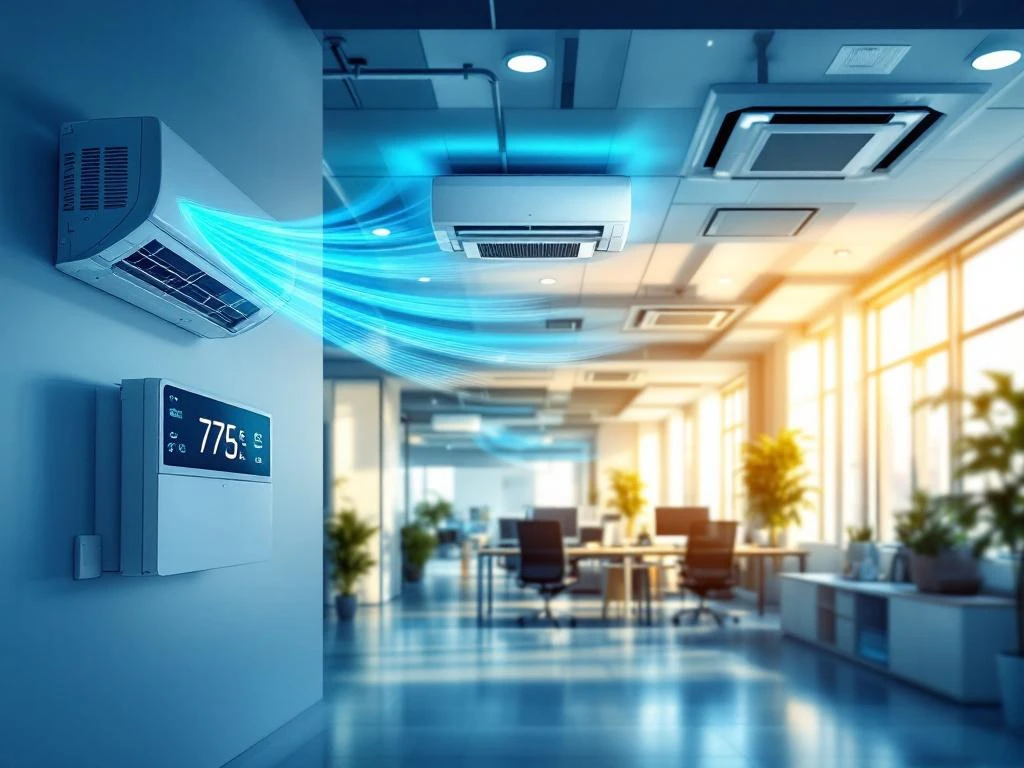 Moderne kantoorruimte met muurgemonteerde airco's, plafondventilatie en digitale thermostaat voor klimaatbeheersing