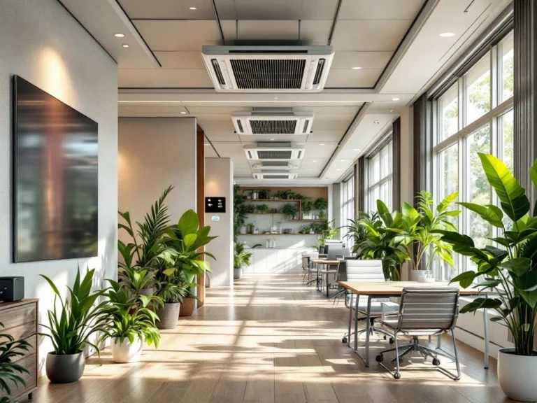 Moderne kantoorruimte met milieuvriendelijke klimaatoplossingen, groene planten en energiezuinige technologie