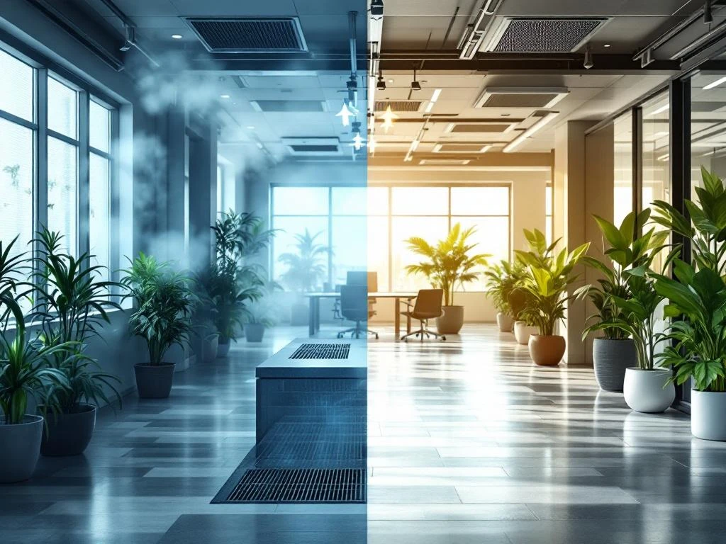 Moderne kantoor toont contrast tussen slechte luchtkwaliteit links en goede ventilatie met gezonde planten rechts