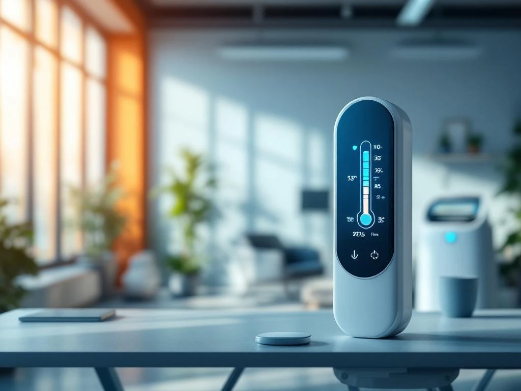 Moderne kantoorruimte met digitale thermometer die optimale temperatuur toont, ergonomisch meubilair en airco-unit
