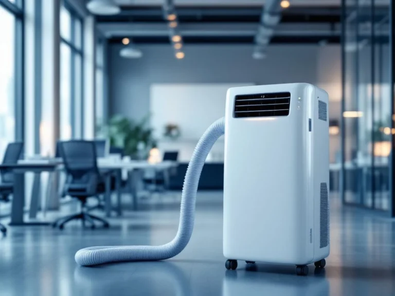 Witte mobiele airconditioning in moderne kantoorruimte met bureau, stoelen en grote ramen met natuurlijk licht