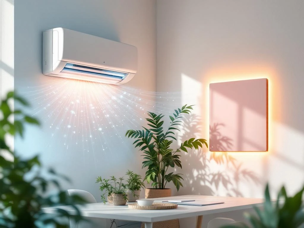 Modern kantoorinterieur met split-unit airco aan witte muur en infrarood verwarmingspaneel, bureau, stoel en planten