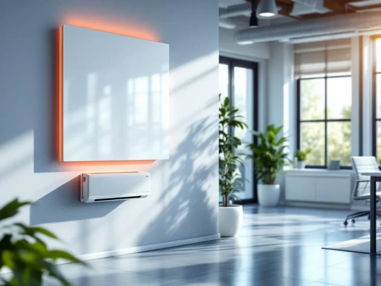 Moderne kantoorruimte met duurzame verwarmingsoplossingen: infraroodpanelen, warmtepomp en slimme thermostaten