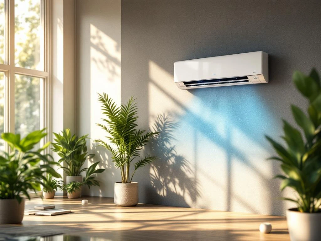 Moderne kantoor met wandgemonteerd klimaatsysteem, luchtzuivering, groene planten en natuurlijk licht door ramen