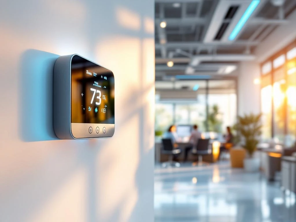 Modern kantoor met slimme thermostaten, LED-indicatoren en IoT-sensoren voor geavanceerde klimaatbeheersing