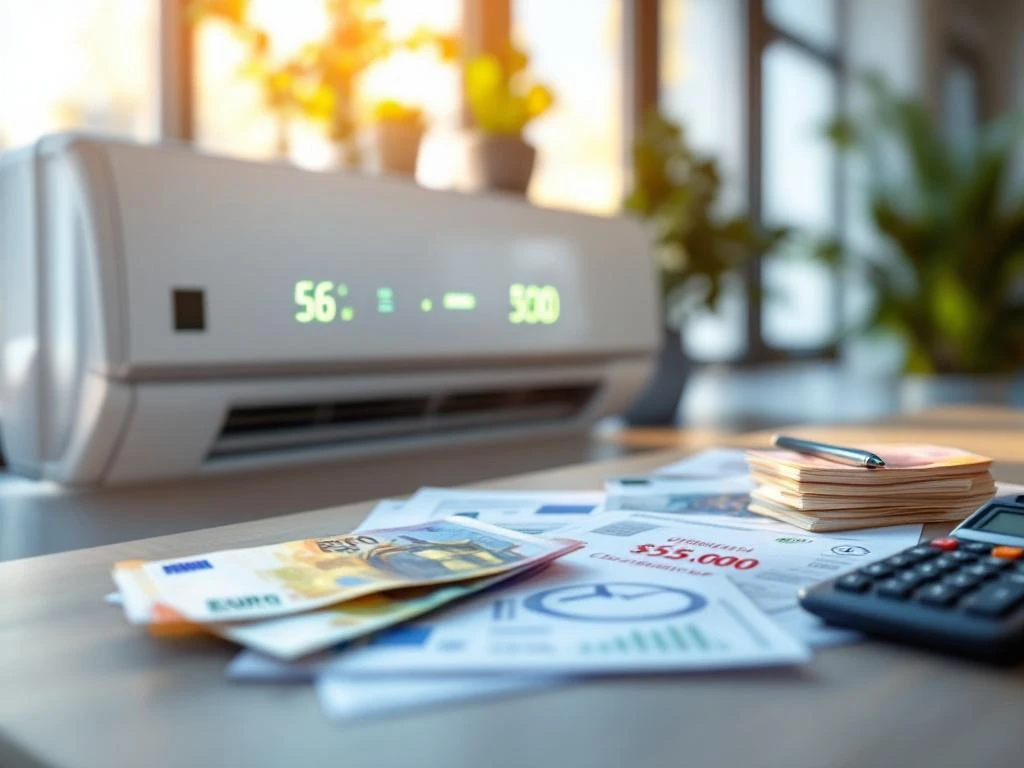 Moderne energiezuinige warmtepomp met groene LED-indicatoren, euro bankbiljetten en subsidiedocumenten op kantoorbureau