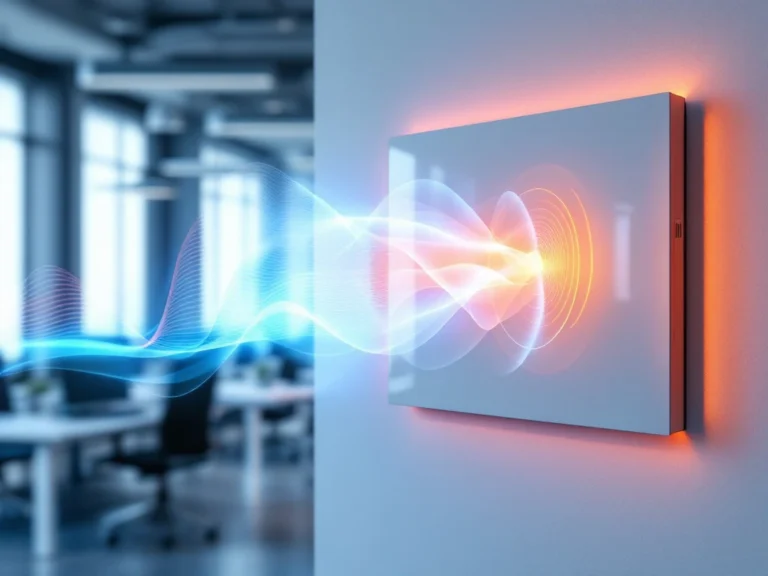 Moderne infrarood verwarmingspaneel aan kantoorwand met zichtbare warmtegolven en geluidsgolf visualisatie