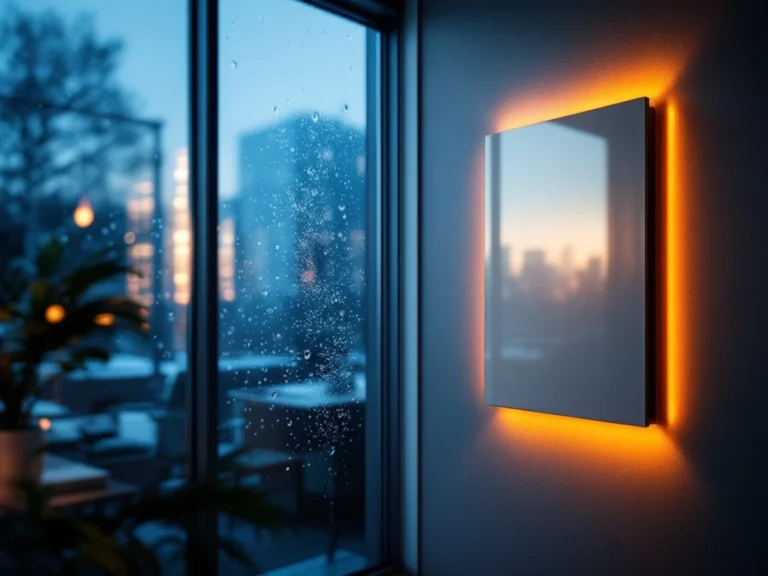 Moderne kantoorruimte met infrarood verwarmingspaneel en condensatie op raam, warme versus koude zones getoond