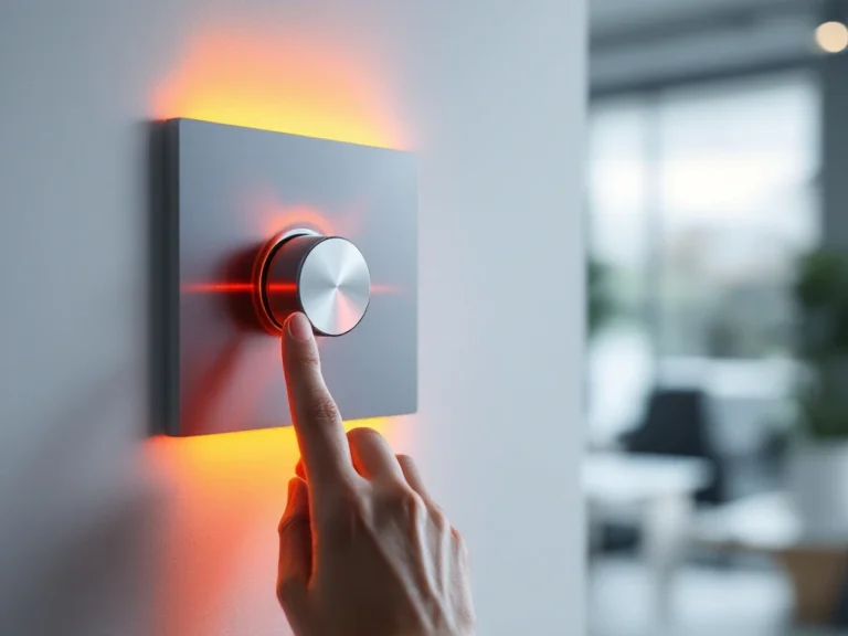 Moderne infrarood verwarmingspaneel op witte muur met hand bij dimmerknop, oranje warmtegloed zichtbaar