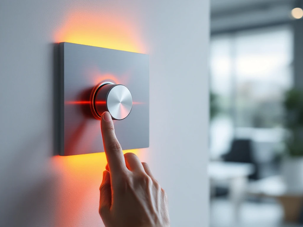 Moderne infrarood verwarmingspaneel op witte muur met hand bij dimmerknop, oranje warmtegloed zichtbaar