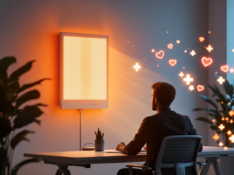 Moderne infrarood verwarmingspanelen aan kantoorwand met warme gloed, persoon aan bureau, gezondheidsiconen op achtergrond