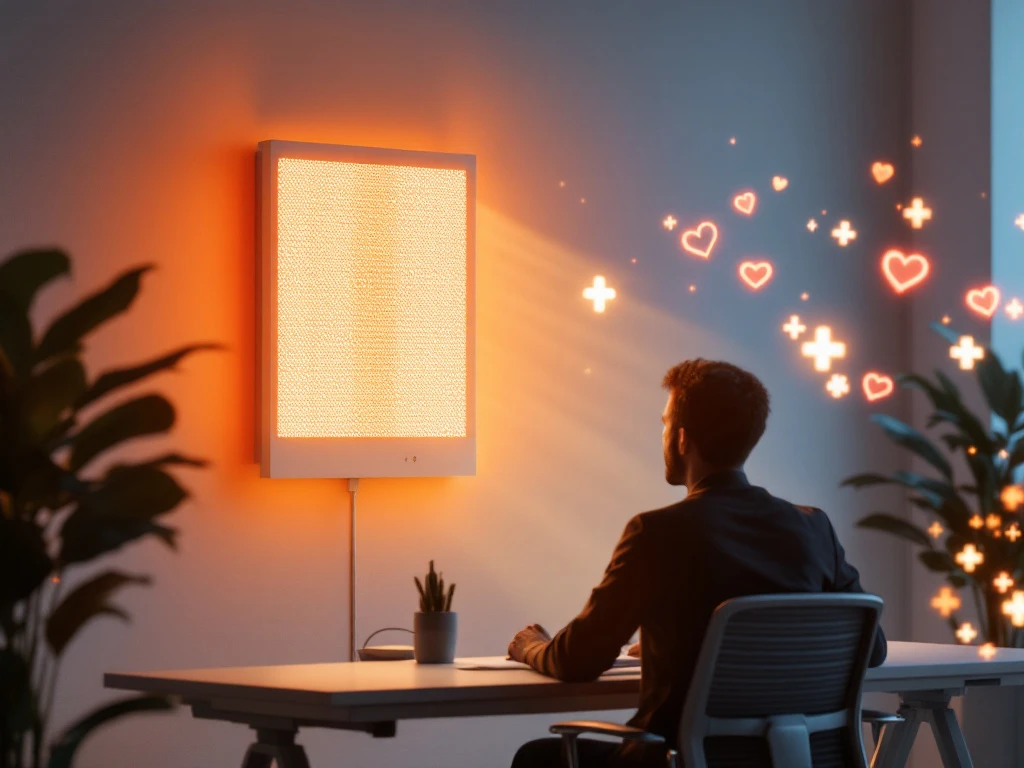 Moderne infrarood verwarmingspanelen aan kantoorwand met warme gloed, persoon aan bureau, gezondheidsiconen op achtergrond