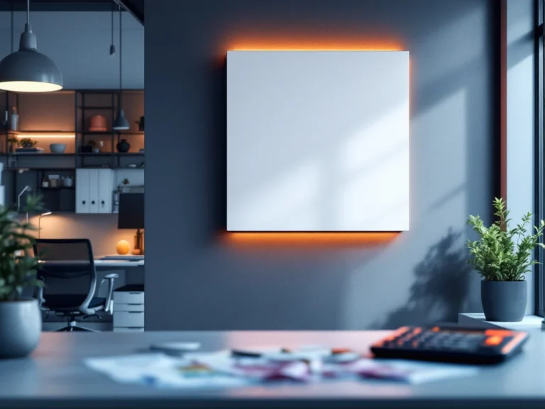 Witte infrarood verwarmingspanelen aan moderne kantoorwand met calculator en eurobiljetten voor kostenanalyse