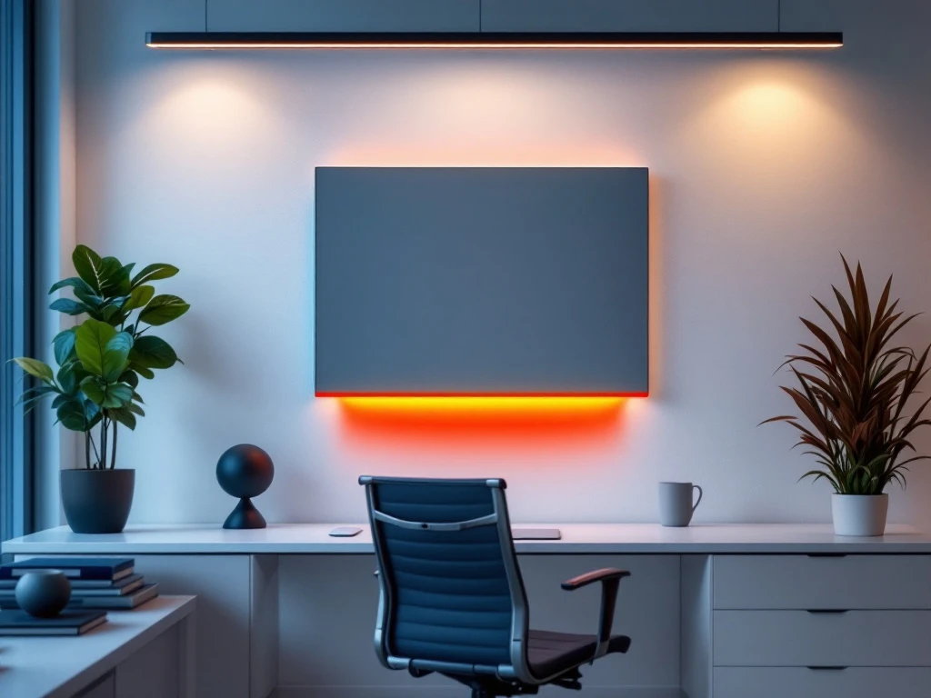 Moderne kantoorruimte met infraroodverwarmingspaneel aan witte muur, ergonomische bureaustoel en minimalistische werkplek