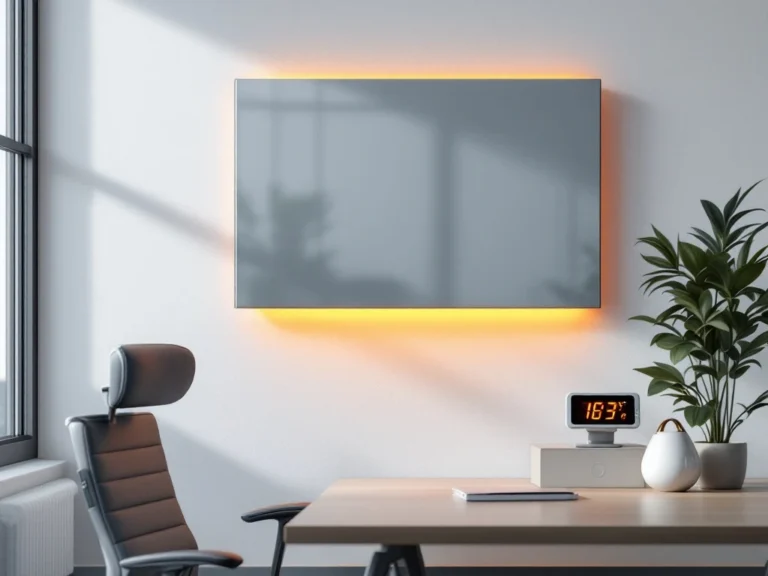 Infrarood verwarmingspaneel op witte muur straalt oranje warmte uit in moderne kantoorruimte met temperatuurmeter