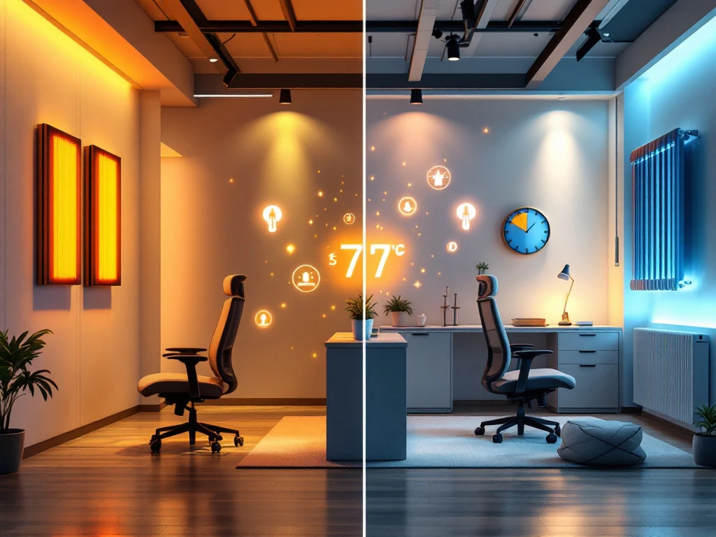 Split-screen vergelijking van moderne kantoorruimtes met infraroodpanelen (links) en traditionele gasverwarming (rechts)