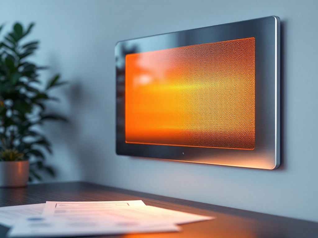 Moderne infrarood verwarmingspaneel op witte muur met certificeringsdocumenten en kwaliteitsmarkeringen op bureau