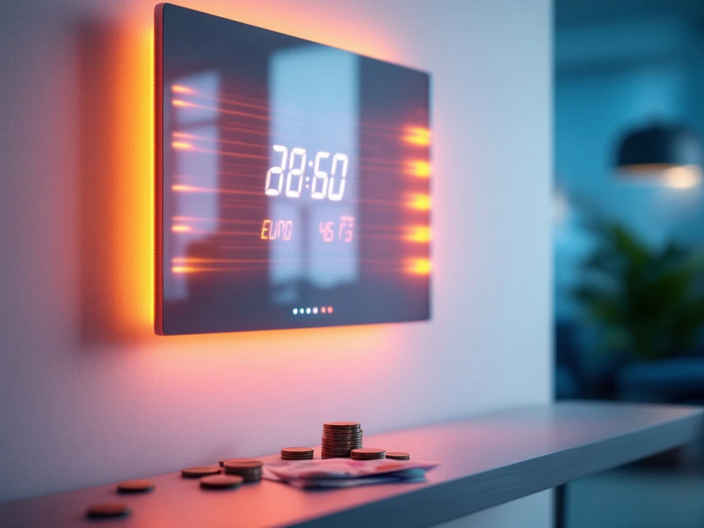 Moderne infrarood verwarmingspaneel aan witte muur met zichtbare warmtestraling, elektriciteitsmeter en eurobiljetten