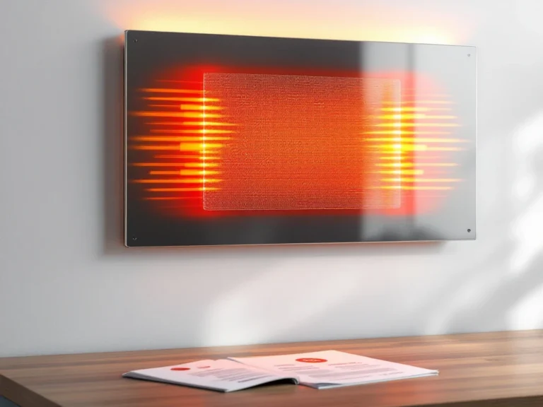 Moderne infrarood verwarmingspaneel op witte muur met warmtestraling en garantiecertificaat op houten bureau