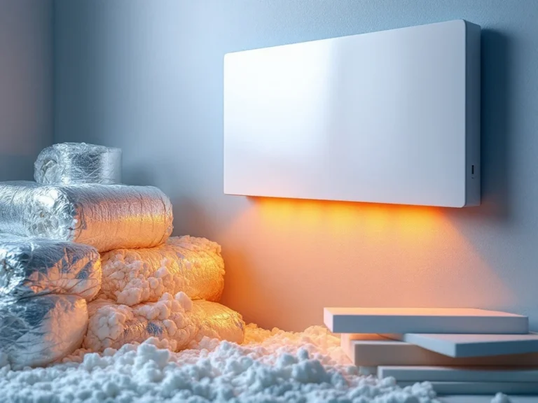 Witte infrarood verwarmingspaneel op muur met isolatiematerialen en warmtestraling in voorgrond