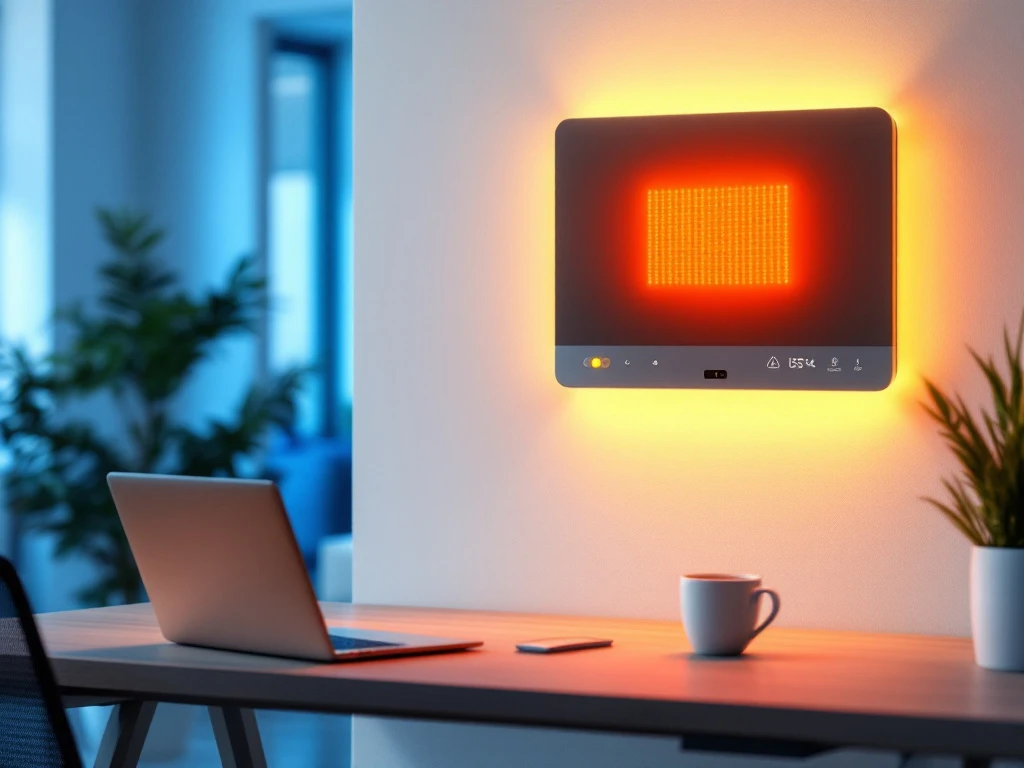 Moderne infrarood verwarmingspaneel op witte muur met warme gloed in eigentijdse kantoorruimte met laptop en koffie