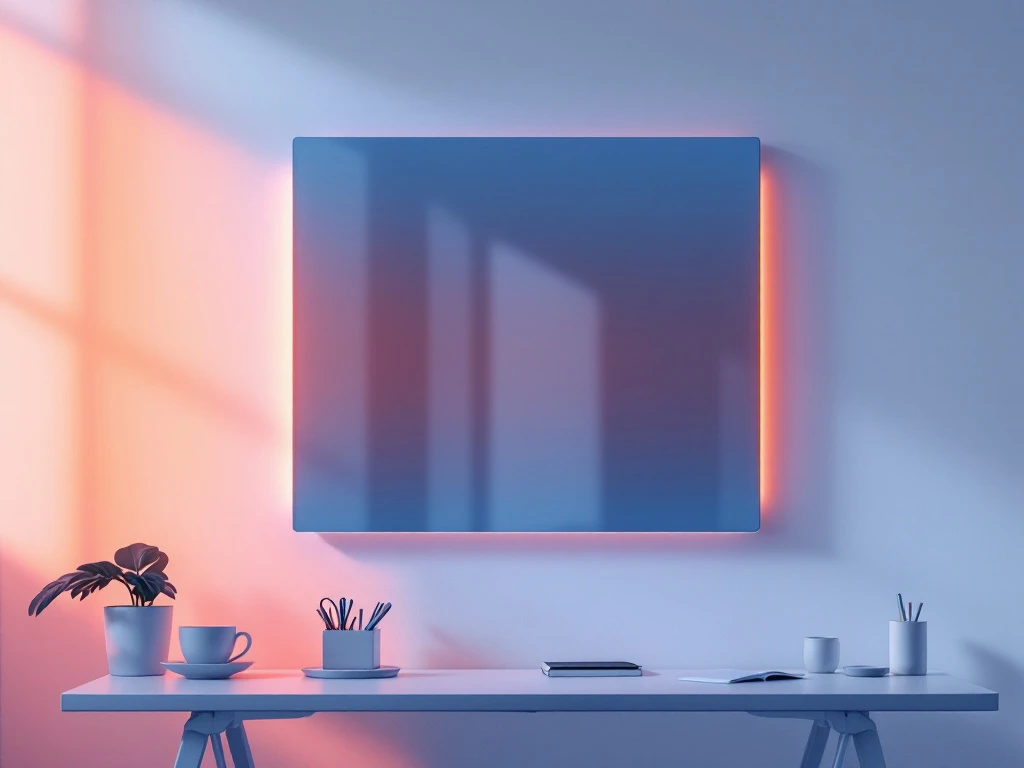 Moderne infrarood verwarmingspaneel aan kantoorwand met oranje gloed en zichtbare warmtegolven boven bureau